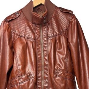 Camel PVC Leather Rib Knit Collar Zip Biker Jacket Moto Cropped M Quiet Luxury